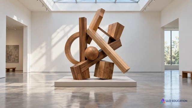 Une galerie claire présente une installation artistique centrale sans cartel lisible.